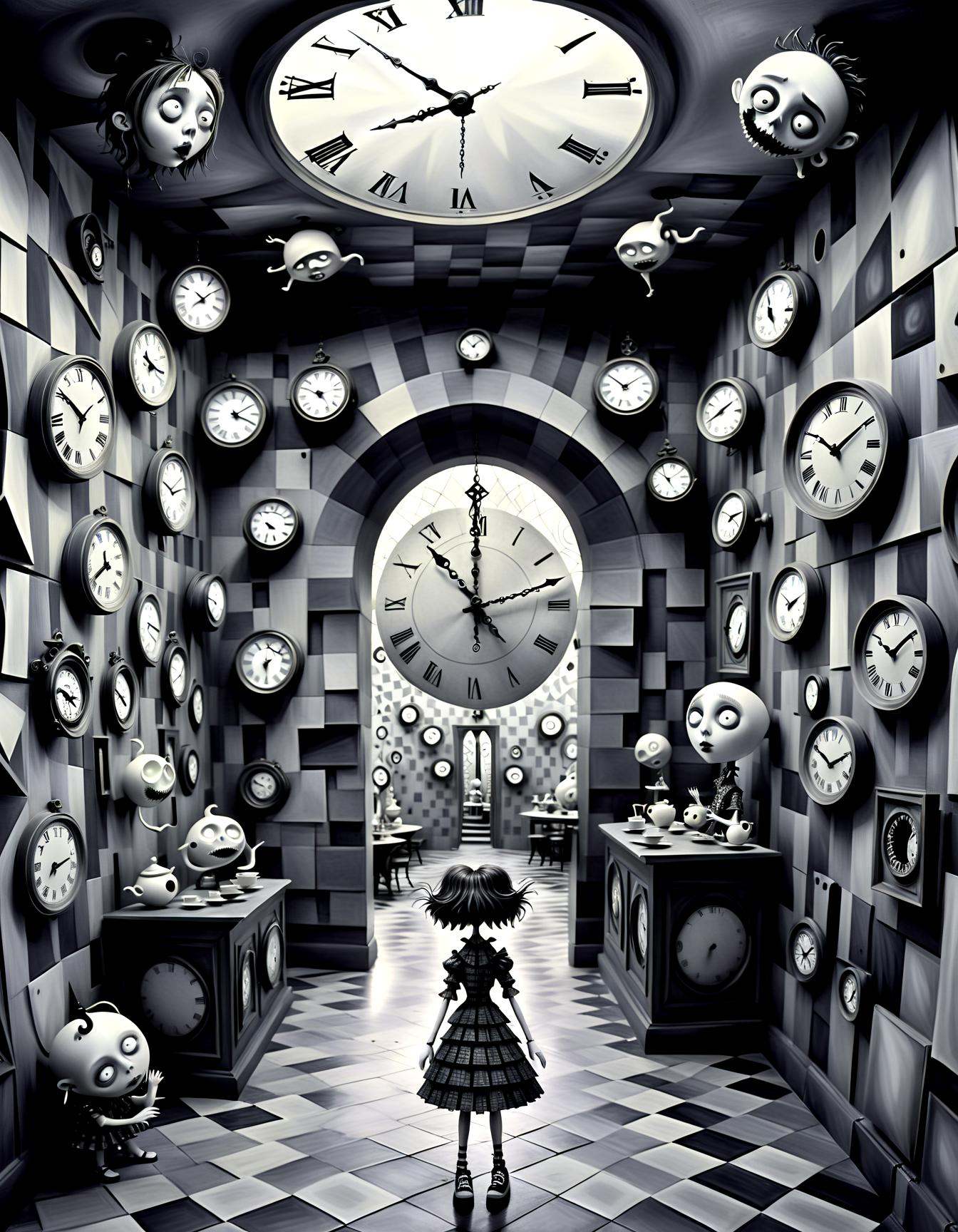 monochrome ,  Within the labyrinthine halls of a Tim Burton-inspired mansion,  clocks with faces and limbs hang on the wal...