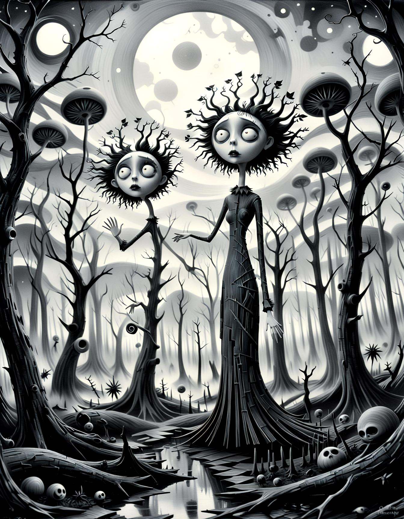 monochrome ,  In a Tim Burton-inspired forest,  peculiar trees with angular branches reach towards the sky.The juxtapositi...