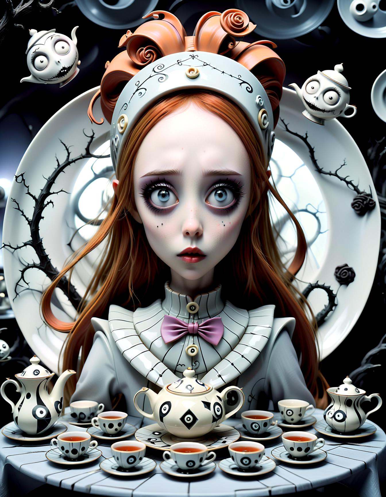 Asuna,  with her ethereal anime beauty,  finds herself in a Tim Burton-themed tea party. The table on Tensor.Art