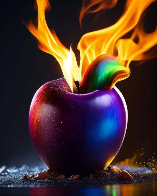 a rainbow colored apple sitting on top of a puddle of liquid on top of a black surface with a rainbow colored apple in the...
