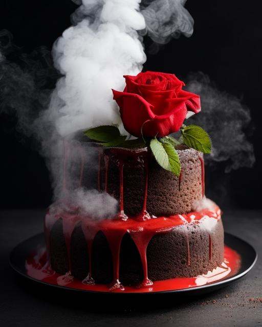 a piece of cake with a red rose on top of it on a black surface with smoke coming out of the top of the cake,  still_life,...