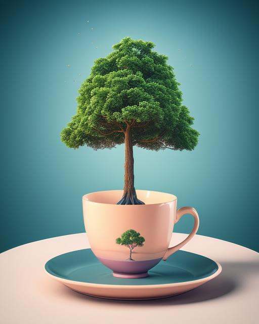 a cup with a tree in it on a saucer,  surreal object photography,  surreal tea party on Tensor.Art