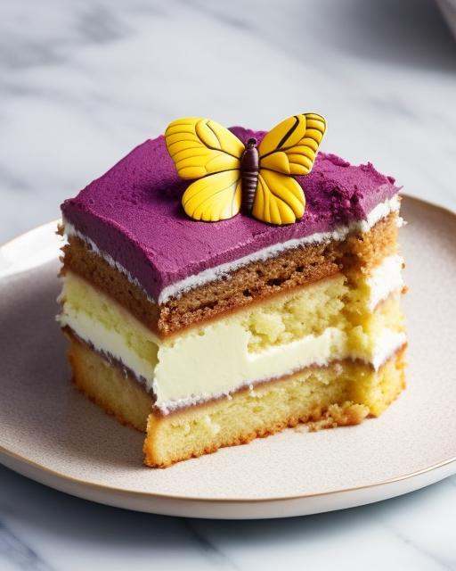 a piece of cake sitting on top of a plate with a flower in the middle of it and a butterfly on top of the cake,  no_humans...