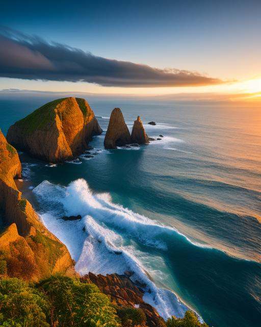 a sunset over a rocky shore with water and rocks,  ocean and rock landscape,  cliffside ocean scene on Tensor.Art