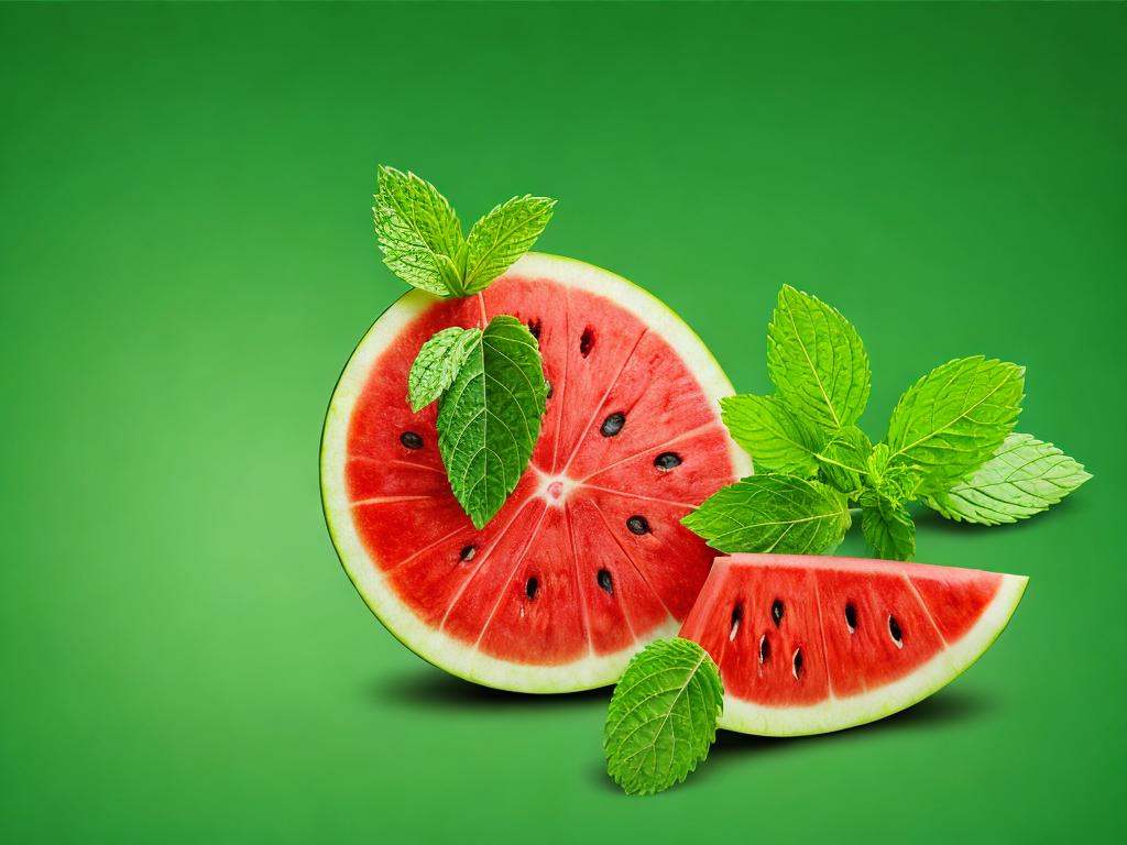 a slice of watermelon and mint leaves on a green background,  petrol,  watermelon on Tensor.Art