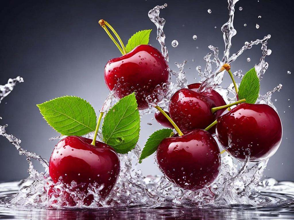 three cherries splashing into a bowl of water,  cherry explosion,  cherries on Tensor.Art