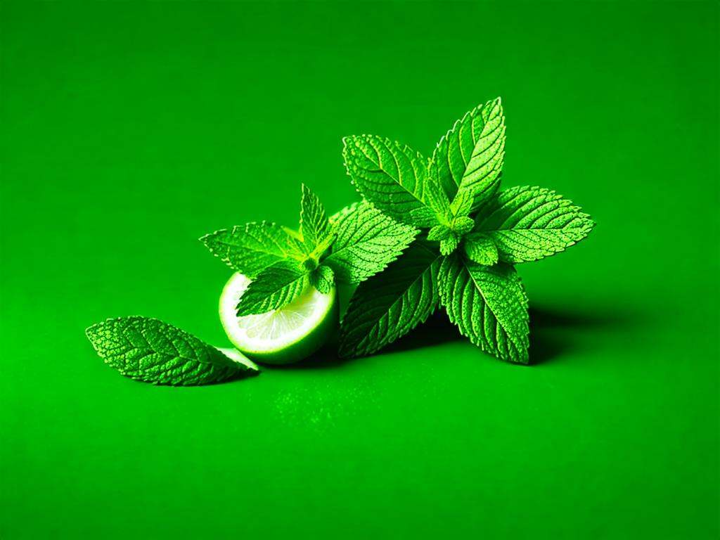 a slice of cherry and mint leaves on a green background,  petrol,  cherry on Tensor.Art