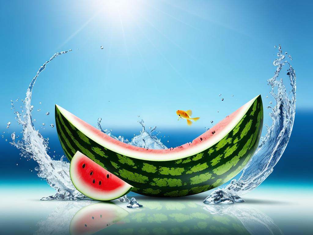 two ice jumping out of a half of an watermelon,  amazing splashscreen artwork,  watermelons floating in the water on Tenso...