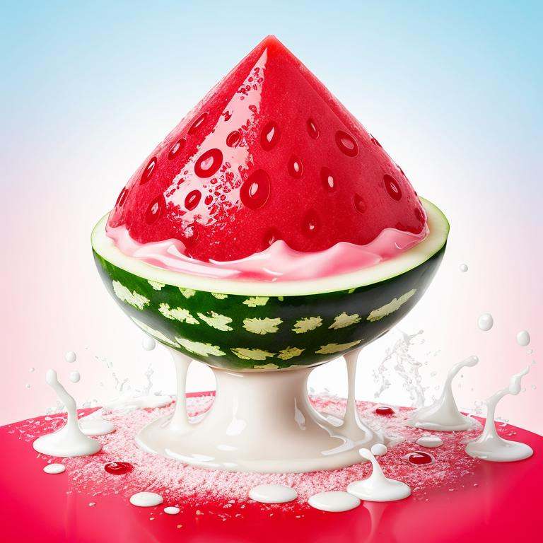 a watermelon with a splash of milk on it,  watermelon,  berries dripping on Tensor.Art