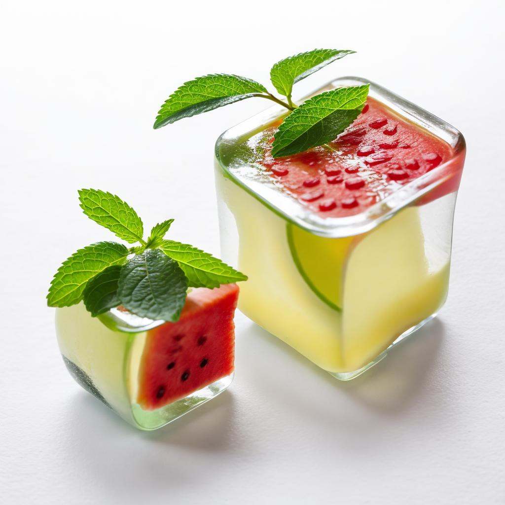 an ice cube with a slice of watermelon in it,  lemonade,  one ice cube on Tensor.Art