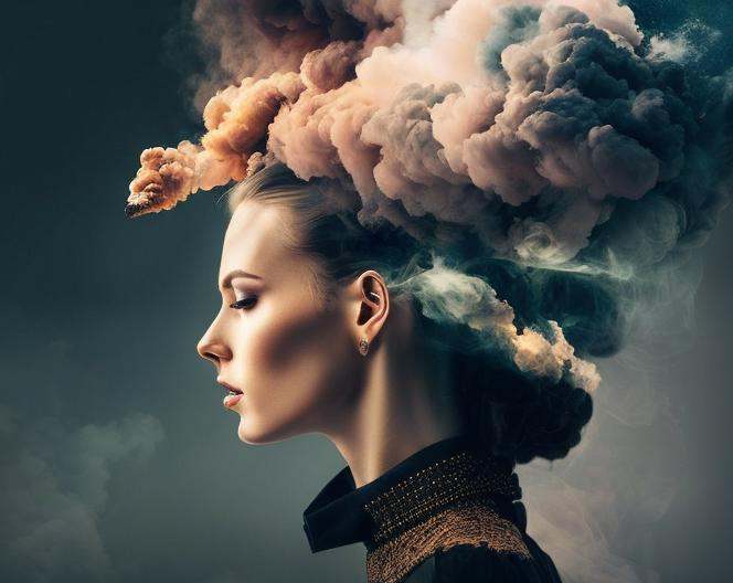 a woman with a train coming out of her head,  face made out of clouds,  great digital art with details on Tensor.Art