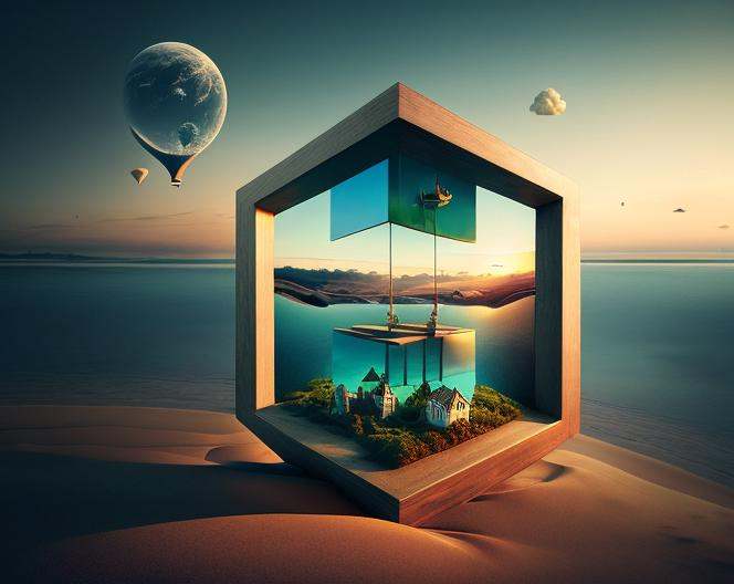 a group of three blocks with a picture of a boat in the middle of them,  surreal 3 d render,  3 d epic illustrations on Te...