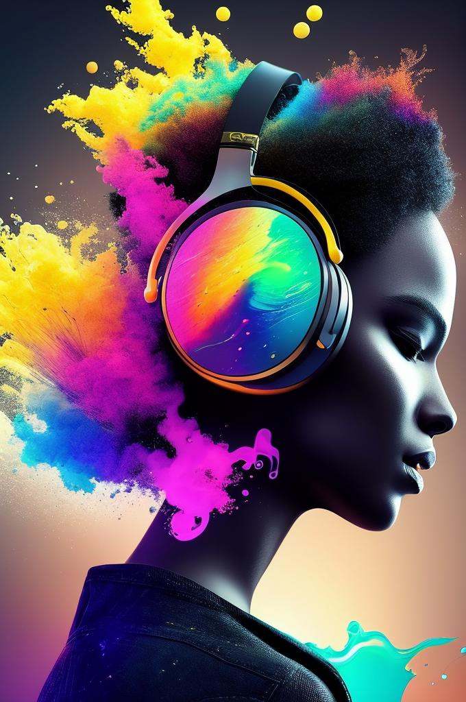 brightly colored headphones with a splash of paint and music notes,  vibing to music,  artistic illustration on Tensor.Art