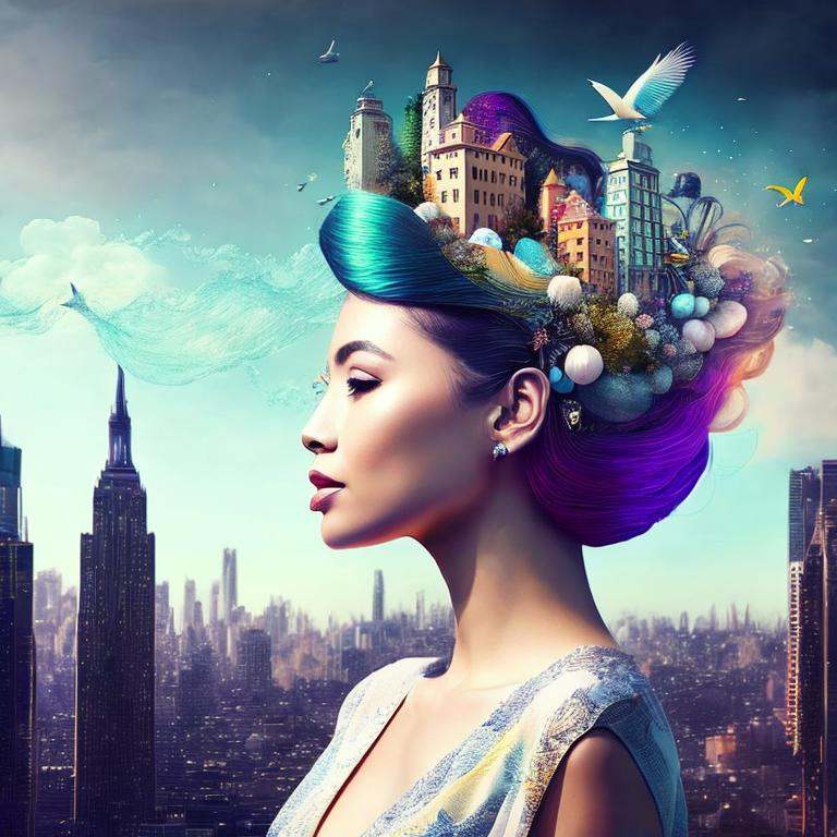 arafed woman with a city and birds in her hair,  elaborate digital art,  beautiful digital artwork on Tensor.Art