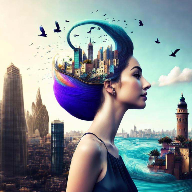 arafed woman with a city and birds in her hair,  elaborate digital ,  beautiful digital work on Tensor.Art