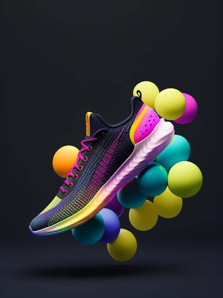 a close up of a shoe with a bunch of colorful balls coming out of it,  futuristic sneakers,  colorful octane render on Ten...