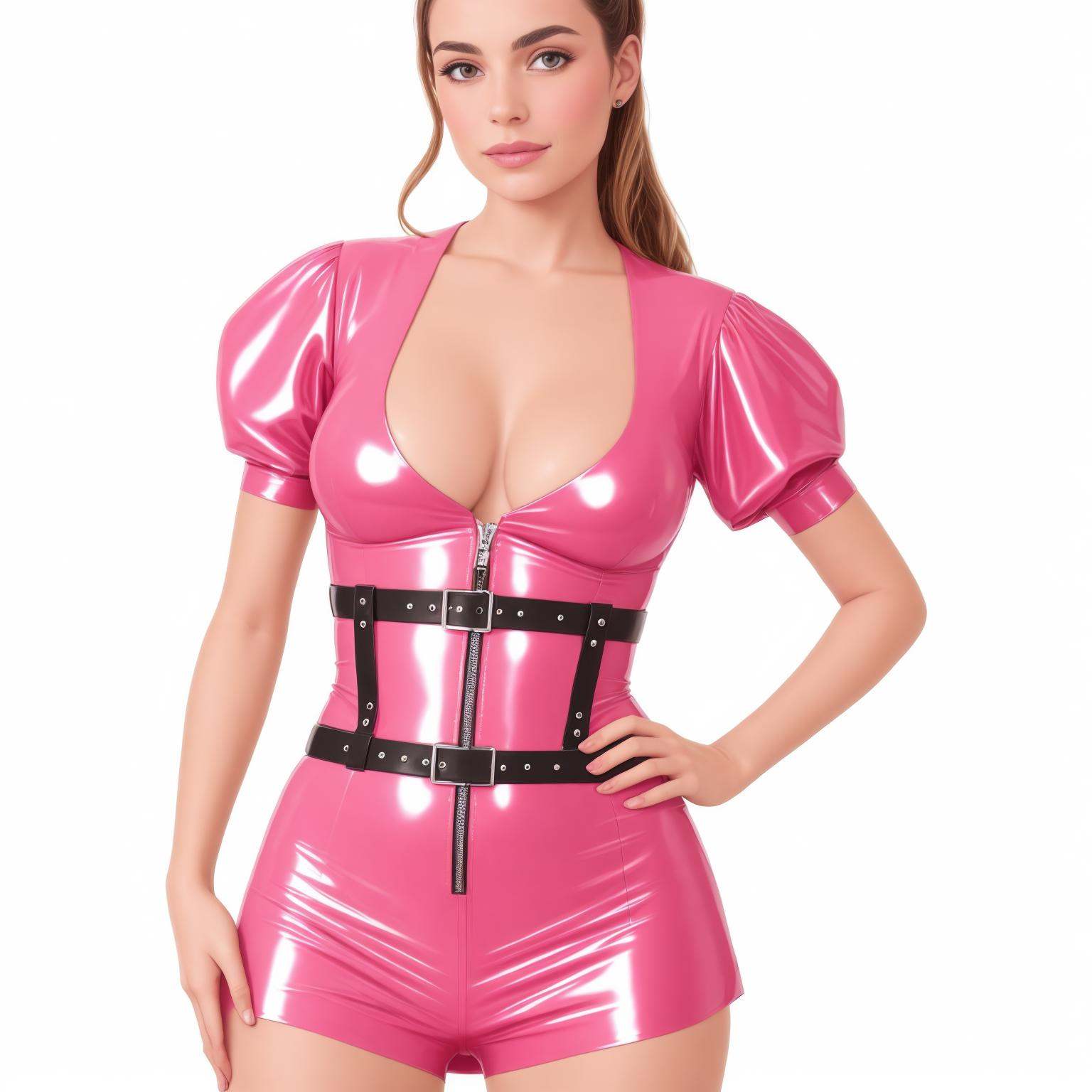 a woman in a pink latex bodysuit dress outfit with corset posing for a picture with her hands on her hips and a collapink...
