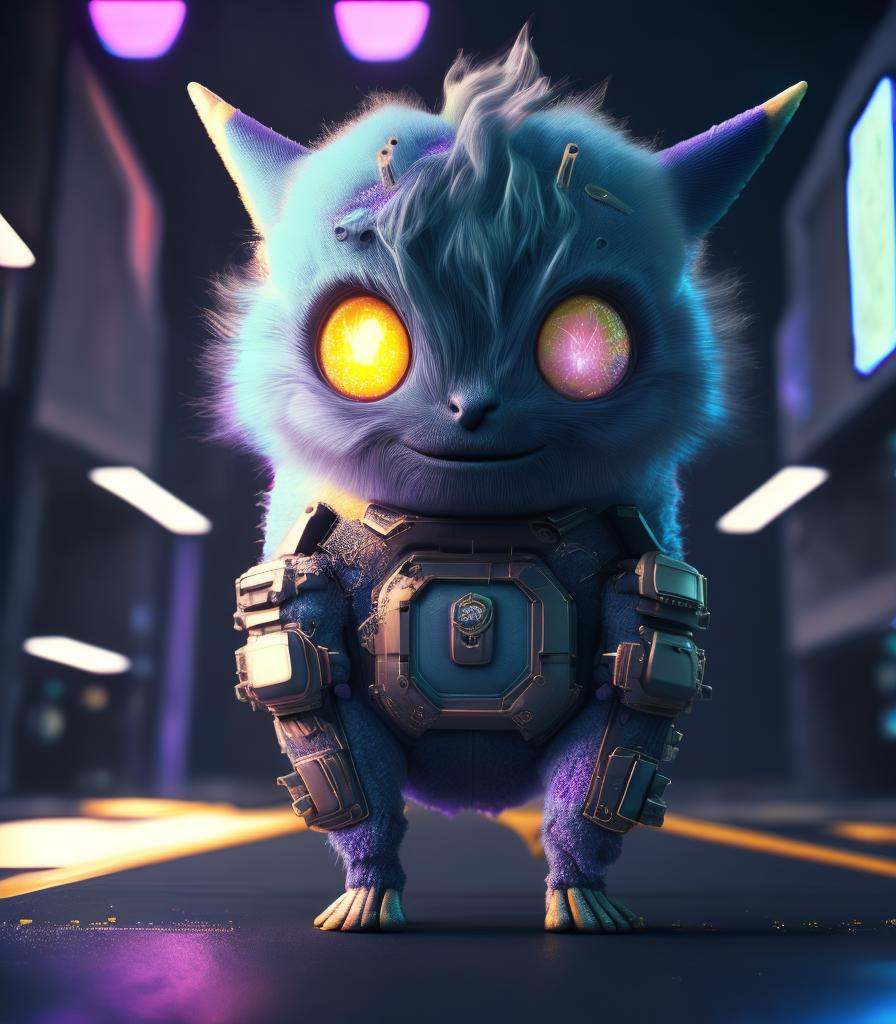 high quality 3d render neo-cyberpunk very Shabby Chic half fluffy Leviathan half cyborg with Empty Eyes,  mechanical paw,...