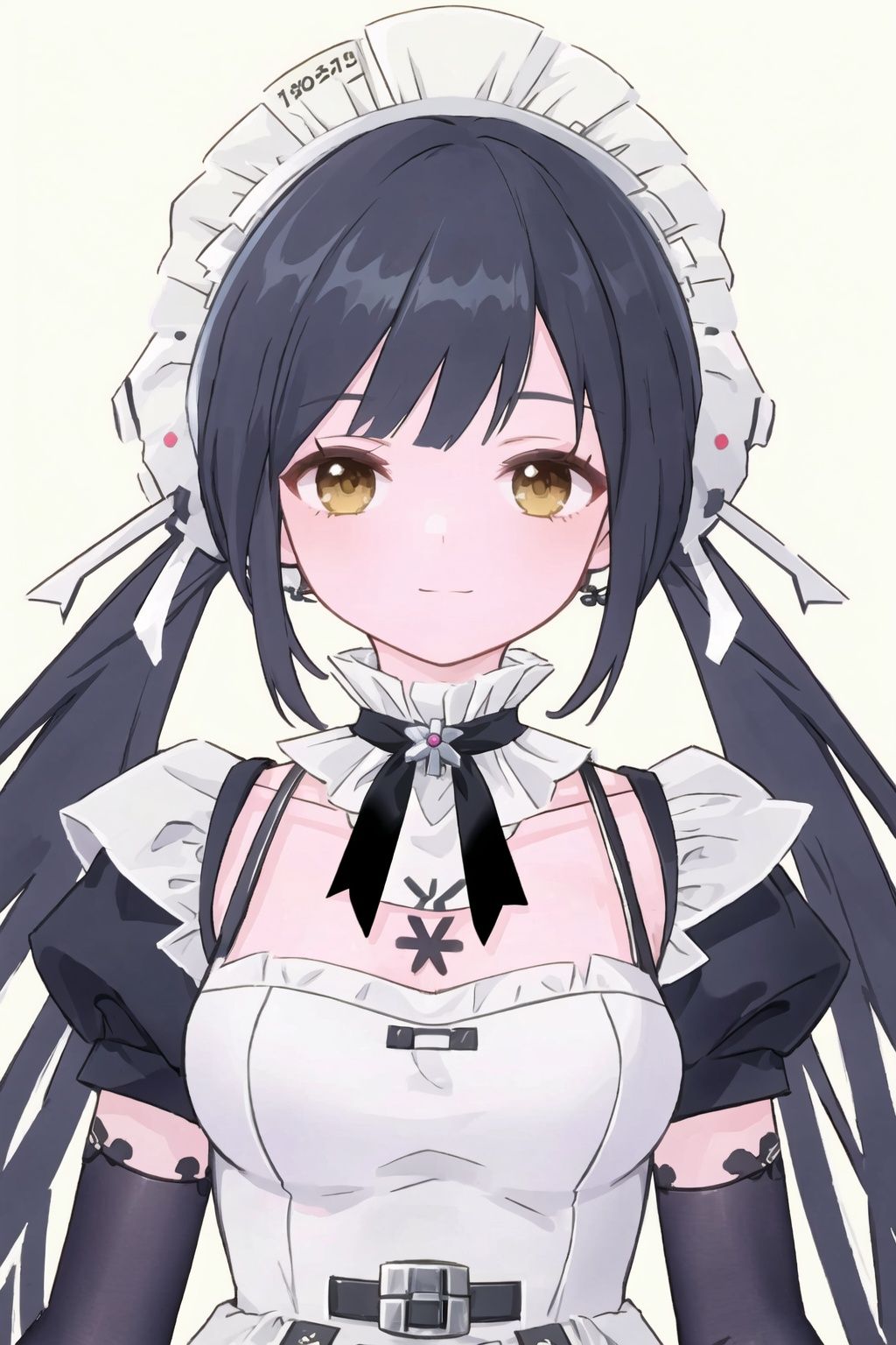 1girl, black hair, solo, twintails, looking at viewer, long hair, maid headdress, yellow eyes, barcode, upper body, elbow gloves, breasts, gloves, maid, bangs, barcode tattoo, closed mouth, medium breasts, headset,annabeilaXF,
(masterpiece:1.2), best quality, masterpiece, highres, original,ultra-detailed, illustration,extremely detailed wallpaper, perfect lighting,(extremely detailed CG:1.2), (alyss1*1.2), nanyinXF