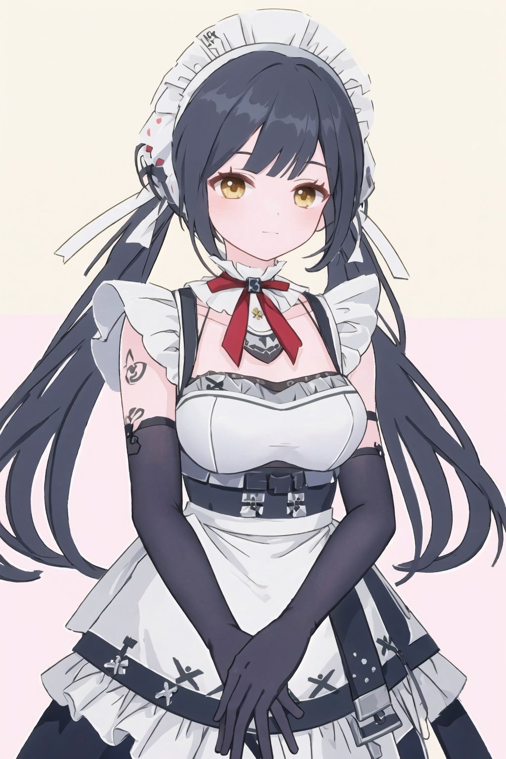 1girl, black hair, solo, twintails, looking at viewer, long hair, maid headdress, yellow eyes, barcode, upper body, elbow gloves, breasts, gloves, maid, bangs, barcode tattoo, closed mouth, medium breasts, headset,annabeilaXF,
(masterpiece:1.2), best quality, masterpiece, highres, original,ultra-detailed, illustration,extremely detailed wallpaper, perfect lighting,(extremely detailed CG:1.2), (alyss1*1.2), nanyinXF