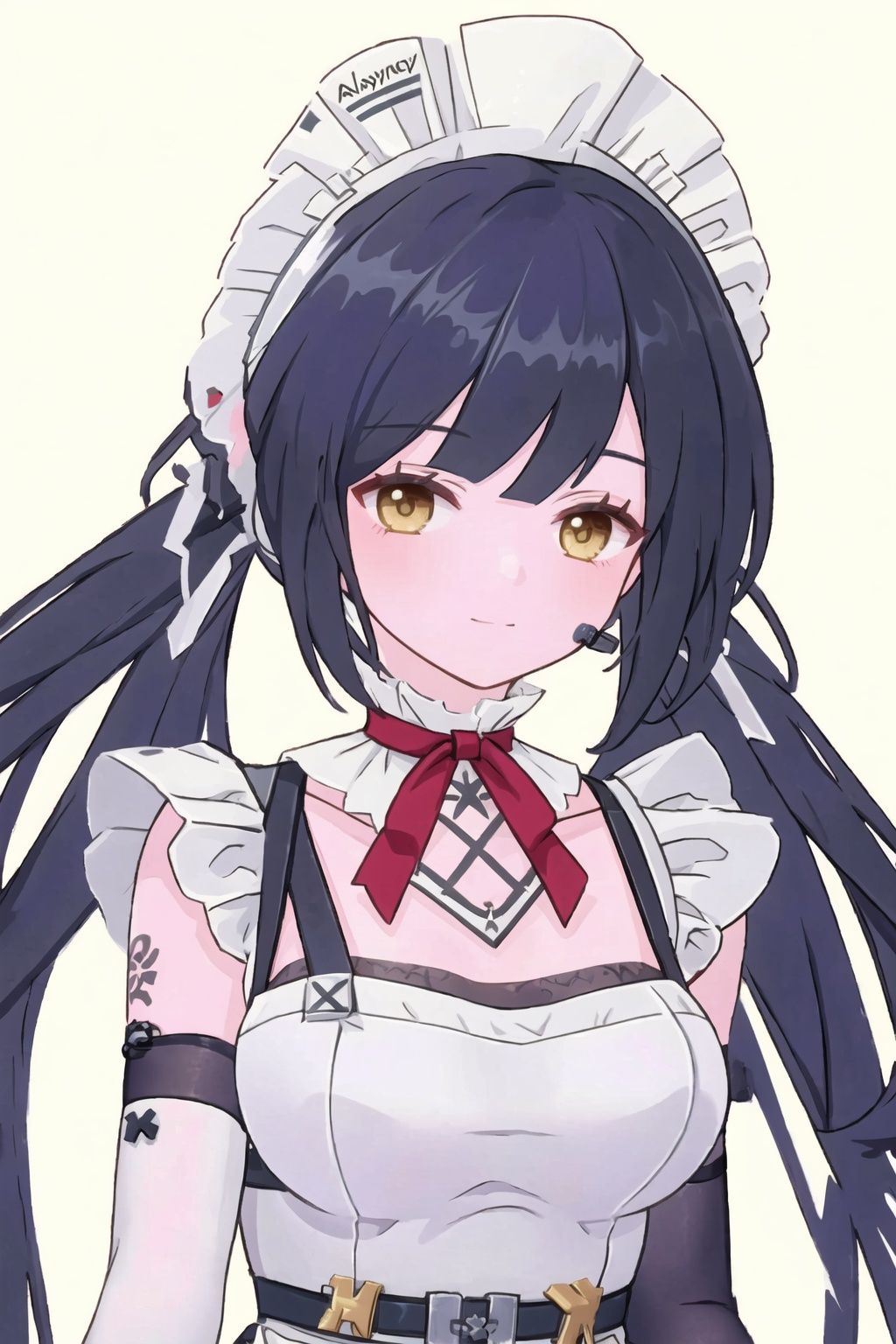 1girl, black hair, solo, twintails, looking at viewer, long hair, maid headdress, yellow eyes, barcode, upper body, elbow gloves, breasts, gloves, maid, bangs, barcode tattoo, closed mouth, medium breasts, headset,annabeilaXF,
(masterpiece:1.2), best quality, masterpiece, highres, original,ultra-detailed, illustration,extremely detailed wallpaper, perfect lighting,(extremely detailed CG:1.2), (alyss1*1.2), nanyinXF