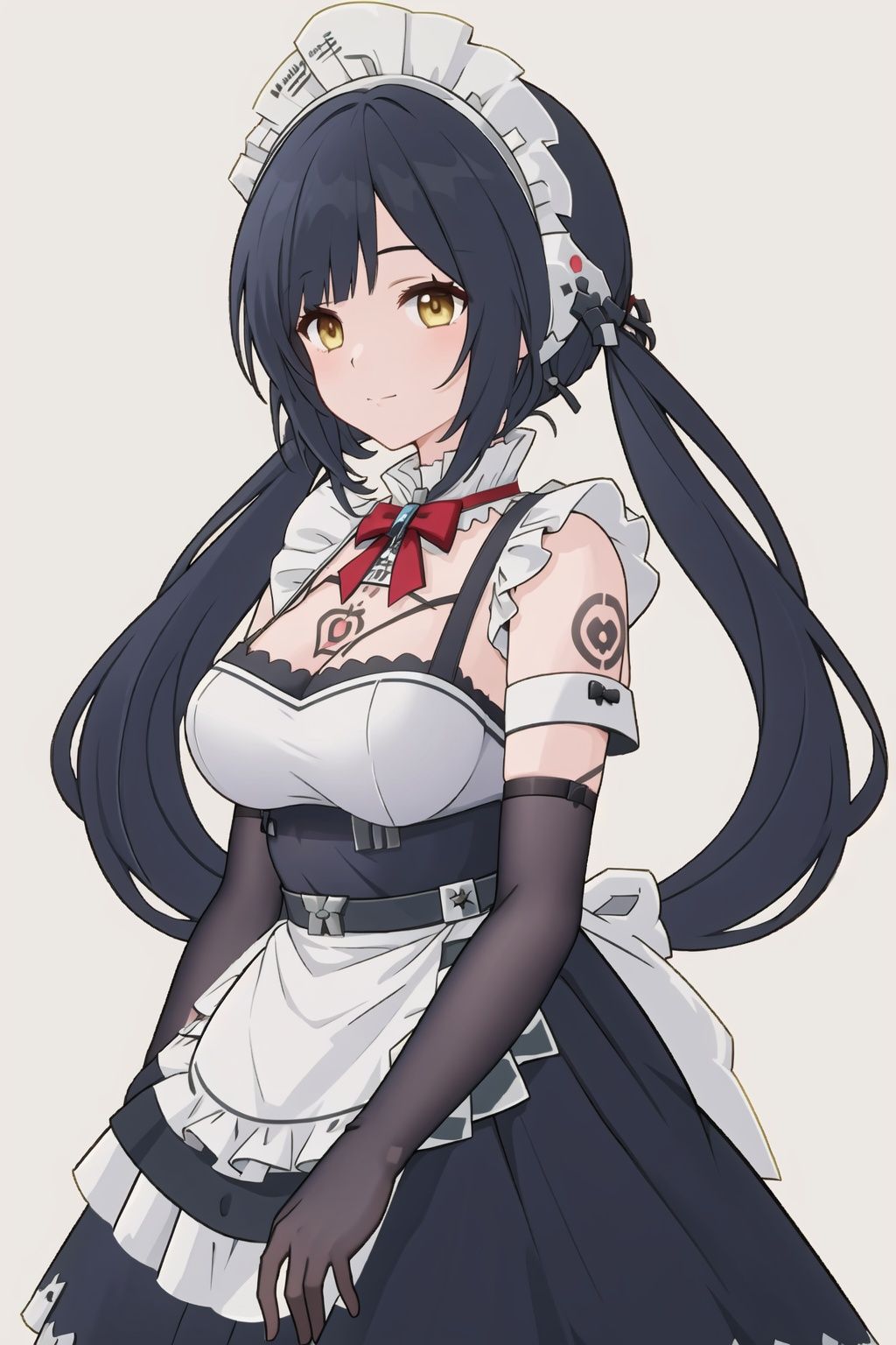 1girl, black hair, solo, twintails, looking at viewer, long hair, maid headdress, yellow eyes, barcode, upper body, elbow gloves, breasts, gloves, maid, bangs, barcode tattoo, closed mouth, medium breasts, headset,annabeilaXF,
(masterpiece:1.2), best quality, masterpiece, highres, original,ultra-detailed, illustration,extremely detailed wallpaper, perfect lighting,(extremely detailed CG:1.2), (alyss1*1.2), nanyinXF