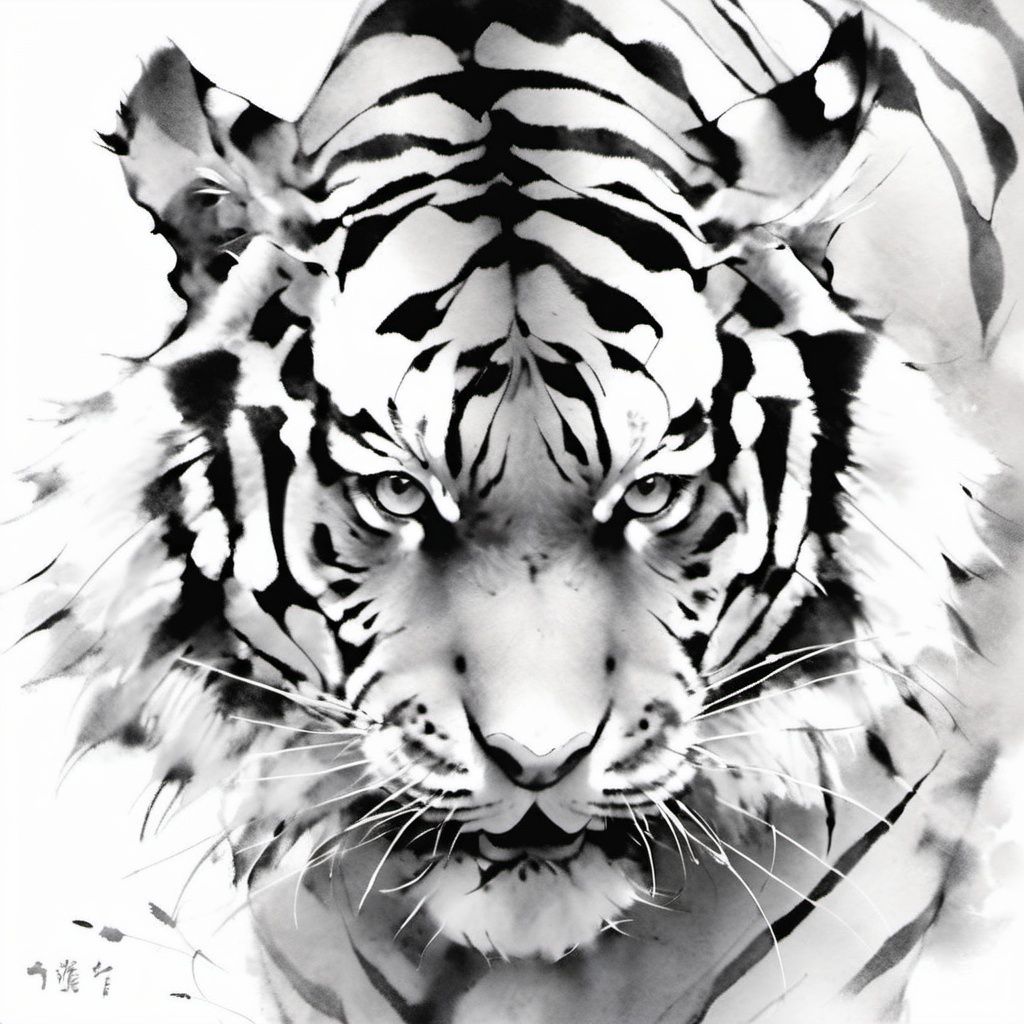 (\shui mo\), monochrome, no humans, tiger, greyscale, whiskers, animal focus, animal, solo, fangs, looking at viewer, white background