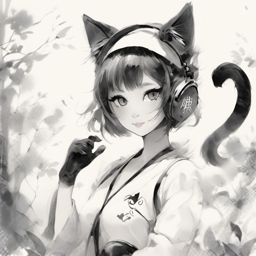 (\shui mo\), cat,1girl,cat ears, monochrome