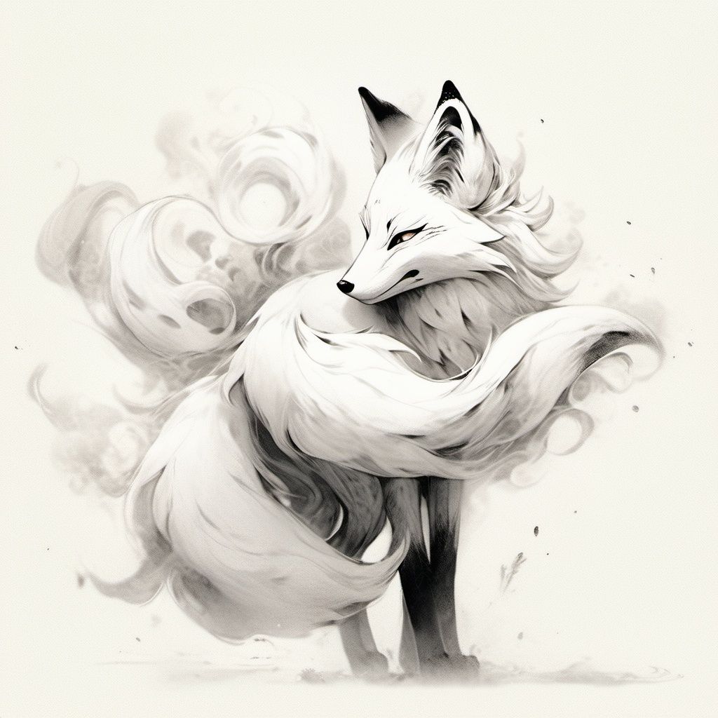 (\shui mo\),fox, monochrome, solo, no humans, white background, greyscale, simple background, from side, white fur, furry