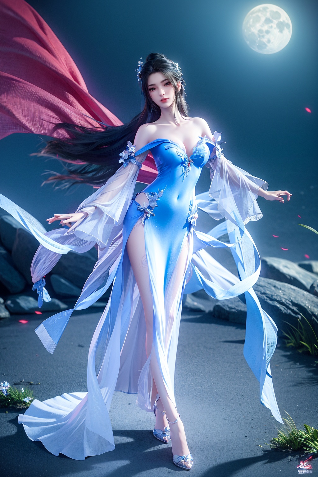  (8k, RAW photo, best quality, masterpiece:1.2),(super realistic, photo-realistic:1.3),ultra-detailed,extremely detailed cg 8k wallpaper,hatching (texture),skin gloss,light persona,(crystalstexture skin:1.2),(extremely delicate and beautiful),moonlight,black pantyhose,1girl,solo,very long hair,,bare shoulders,pink_dress,white_dress,long dress,red_eyes,(full body:1.6),xwhd,looking at viewer,,,ll-hd,yx-hd