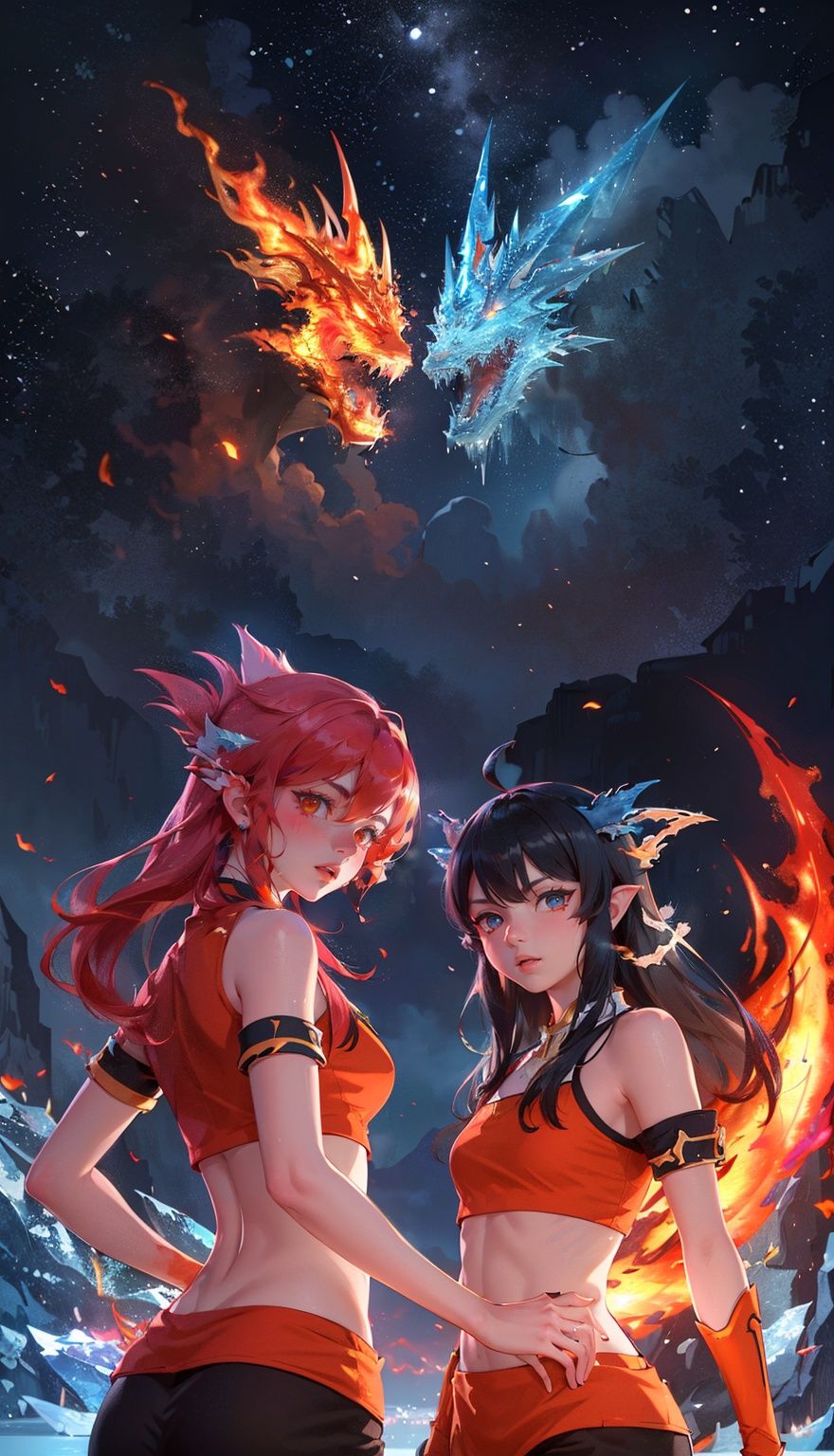 masterpiece,best quality,(photorealistic:1.4),(the collision of flames and ice:1.4),(ultra detailed:1.3),masterpiece,(流动的:1.4),(2girls:1.4),cat ears,(upper_body:1.4),unity 8k wallpaper,solo,(flames and ice burst in the air:1.3),snow,ice cube,(colorful:1.4),brilliant brilliance,ice explosion,raytracing,<lora:Light_and_Shadow:0.2>,(starry:1.2),cloud,star \(sky\),starry sky,the surging light,<lora:bingtyhuozhige_20230826123206-000010:0.9>,(looking at viewer:1.4),typing art,(ice dragon:1.3),(fire dragon (inazuma eleven):1.2),