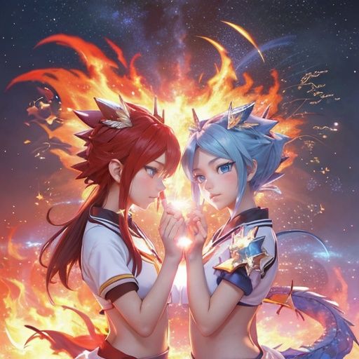 masterpiece,best quality,(photorealistic:1.4),(the collision of flames and ice:1.4),(ultra detailed:1.3),masterpiece,(流动的:1.4),(2girls:1.4),cat ears,(upper_body:1.4),unity 8k wallpaper,solo,(flames and ice burst in the air:1.3),snow,ice cube,(colorful:1.4),brilliant brilliance,ice explosion,raytracing,(starry:1.2),cloud,star \(sky\),starry sky,the surging light,(looking at viewer:1.4),typing art,(ice dragon:1.3),(fire dragon (inazuma eleven):1.2),<lora:Light_and_Shadow:0.4>,<lora:BiFangBird:0.5>,<lora:bingtyhuozhige_20230826123206-000010:0.5>,
