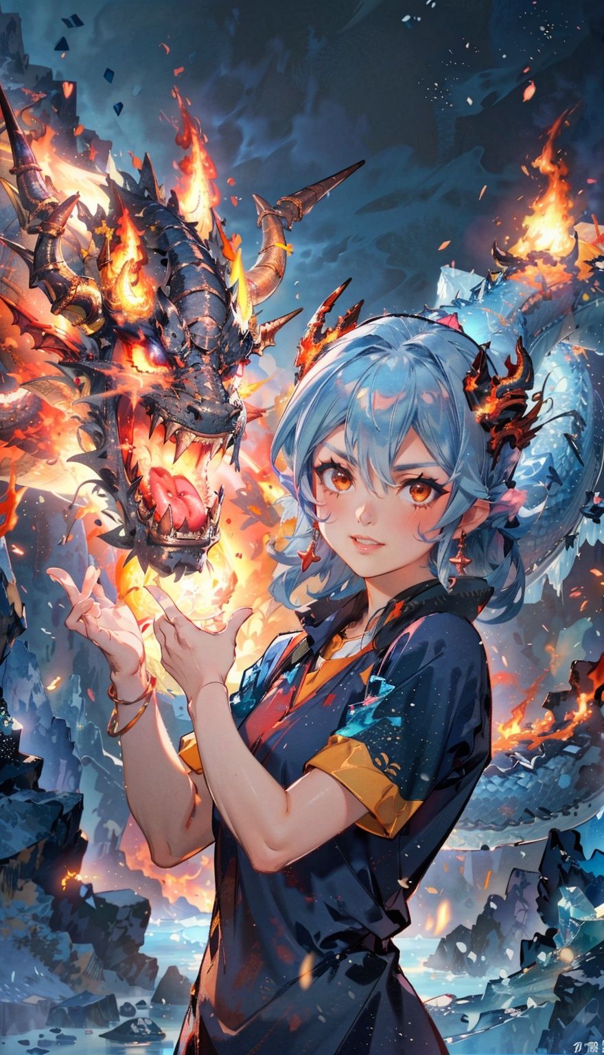 masterpiece,best quality,(photorealistic:1.4),(the collision of flames and ice:1.4),(ultra detailed:1.3),masterpiece,(流动的:1.4),(2girls:1.4),cat ears,(upper_body:1.4),unity 8k wallpaper,solo,(flames and ice burst in the air:1.3),snow,ice cube,(colorful:1.4),brilliant brilliance,ice explosion,raytracing,<lora:Light_and_Shadow:0.2>,(starry:1.2),cloud,star \(sky\),starry sky,the surging light,<lora:bingtyhuozhige_20230826123206-000010:0.9>,(looking at viewer:1.4),typing art,(ice dragon:1.3),(fire dragon (inazuma eleven):1.2),