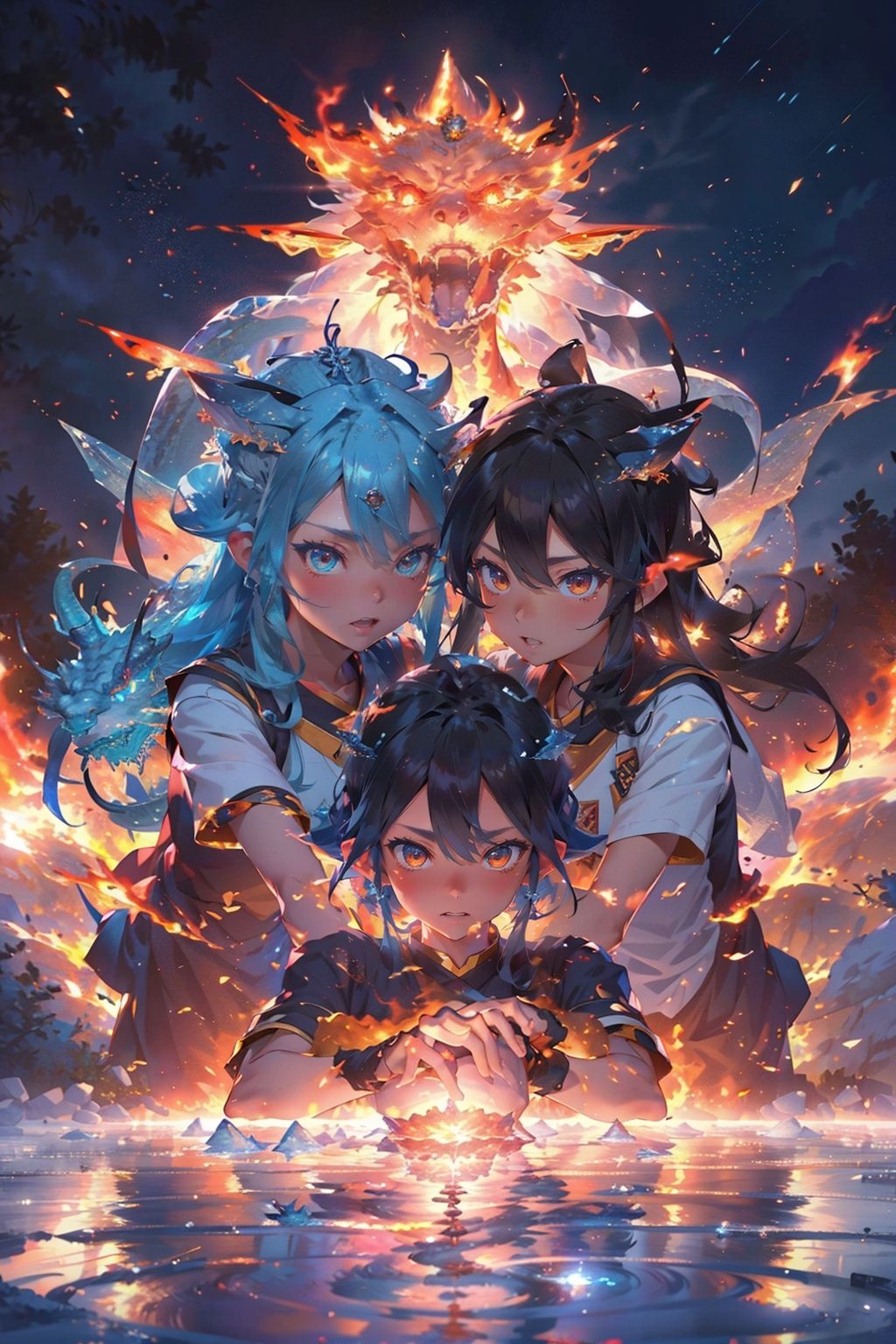 masterpiece,best quality,(photorealistic:1.4),(the collision of flames and ice:1.4),(ultra detailed:1.3),masterpiece,(流动的:1.4),(2girls:1.4),cat ears,(upper_body:1.4),unity 8k wallpaper,solo,(flames and ice burst in the air:1.3),snow,ice cube,(colorful:1.4),brilliant brilliance,ice explosion,raytracing,(starry:1.2),cloud,star \(sky\),starry sky,the surging light,<lora:bingtyhuozhige_20230826123206-000010:0.9>,(looking at viewer:1.4),typing art,(ice dragon:1.3),(fire dragon (inazuma eleven):1.2),<lora:Light_and_Shadow:0.4>,