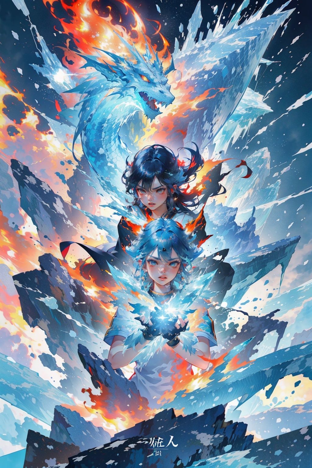 masterpiece,best quality,(photorealistic:1.4),(the collision of flames and ice:1.4),(ultra detailed:1.3),masterpiece,(流动的:1.4),(2girls:1.4),cat ears,(upper_body:1.4),unity 8k wallpaper,solo,(flames and ice burst in the air:1.3),snow,ice cube,(colorful:1.4),brilliant brilliance,ice explosion,raytracing,<lora:Light_and_Shadow:0.2>,(starry:1.2),cloud,star \(sky\),starry sky,the surging light,<lora:bingtyhuozhige_20230826123206-000010:0.9>,(looking at viewer:1.4),typing art,(ice dragon:1.3),(fire dragon (inazuma eleven):1.2),