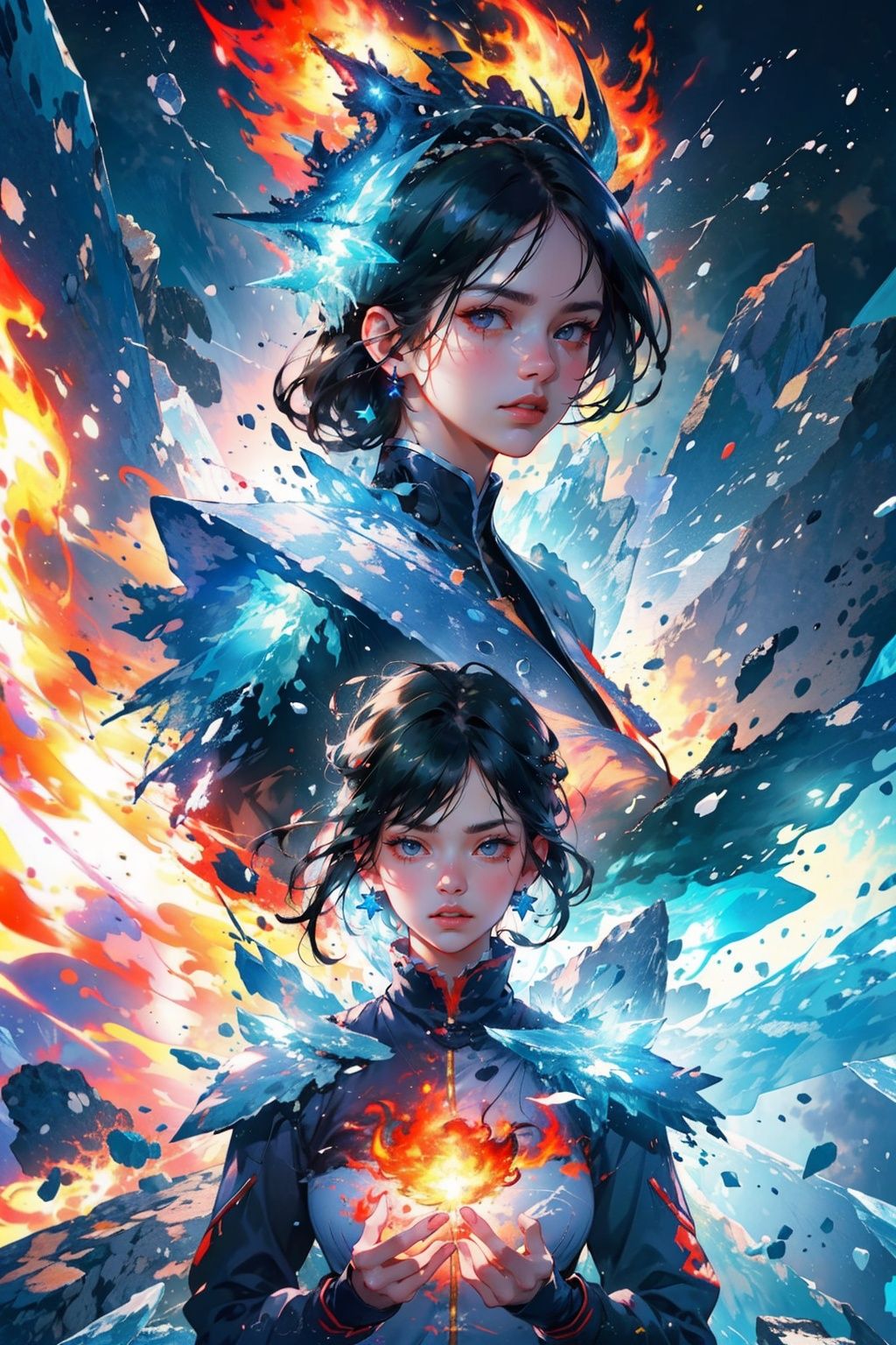 masterpiece,best quality,(photorealistic:1.4),(the collision of flames and ice:1.4),(ultra detailed:1.3),masterpiece,(mobile:1.4),(2girls:1.6),(upper_body:1.3),unity 8k wallpaper,(flames and ice burst in the air:1.3),snow,ice cube,(colorful:1.4),(ice dragon:1.3),(fire dragon:1.3),headwear,brilliant brilliance,ice explosion,raytracing,<lora:Light_and_Shadow:0.4>,(starry:1.2),cloud,star \(sky\),starry sky,the surging light,<lora:bingtyhuozhige_20230826123206-000010:0.8>,(looking at viewer:1.4),(typing art:1.2),