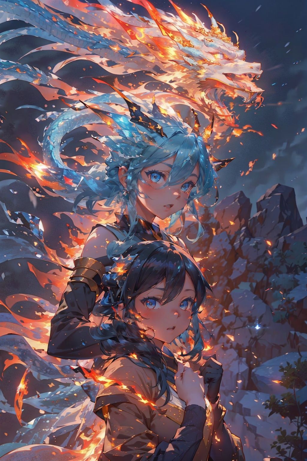 masterpiece,best quality,(photorealistic:1.4),(the collision of flames and ice:1.4),(ultra detailed:1.3),masterpiece,(流动的:1.4),(2girls:1.4),cat ears,(upper_body:1.4),unity 8k wallpaper,solo,(flames and ice burst in the air:1.3),snow,ice cube,(colorful:1.4),brilliant brilliance,ice explosion,raytracing,(starry:1.2),cloud,star \(sky\),starry sky,the surging light,<lora:bingtyhuozhige_20230826123206-000010:0.9>,(looking at viewer:1.4),typing art,(ice dragon:1.3),(fire dragon (inazuma eleven):1.2),<lora:Light_and_Shadow:0.4>,<lora:BiFangBird:0.8>,