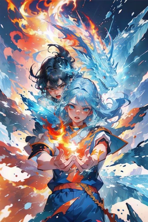 masterpiece,best quality,(photorealistic:1.4),(the collision of flames and ice:1.4),(ultra detailed:1.3),masterpiece,(流动的:1.4),(2girls:1.4),cat ears,(upper_body:1.4),unity 8k wallpaper,solo,(flames and ice burst in the air:1.3),snow,ice cube,(colorful:1.4),brilliant brilliance,ice explosion,raytracing,<lora:Light_and_Shadow:0.2>,(starry:1.2),cloud,star \(sky\),starry sky,the surging light,<lora:bingtyhuozhige_20230826123206-000010:0.9>,(looking at viewer:1.4),typing art,(ice dragon:1.3),(fire dragon (inazuma eleven):1.2),