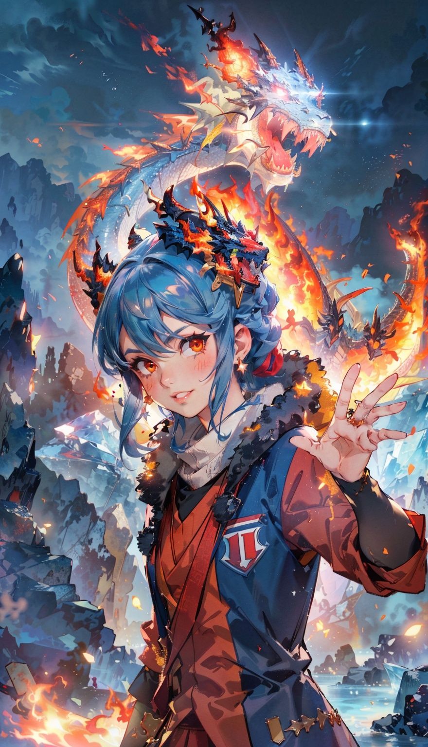 masterpiece,best quality,(photorealistic:1.4),(the collision of flames and ice:1.4),(ultra detailed:1.3),masterpiece,(流动的:1.4),(2girls:1.4),cat ears,(upper_body:1.4),unity 8k wallpaper,solo,(flames and ice burst in the air:1.3),snow,ice cube,(colorful:1.4),brilliant brilliance,ice explosion,raytracing,<lora:Light_and_Shadow:0.2>,(starry:1.2),cloud,star \(sky\),starry sky,the surging light,<lora:bingtyhuozhige_20230826123206-000010:0.9>,(looking at viewer:1.4),typing art,(ice dragon:1.3),(fire dragon (inazuma eleven):1.2),