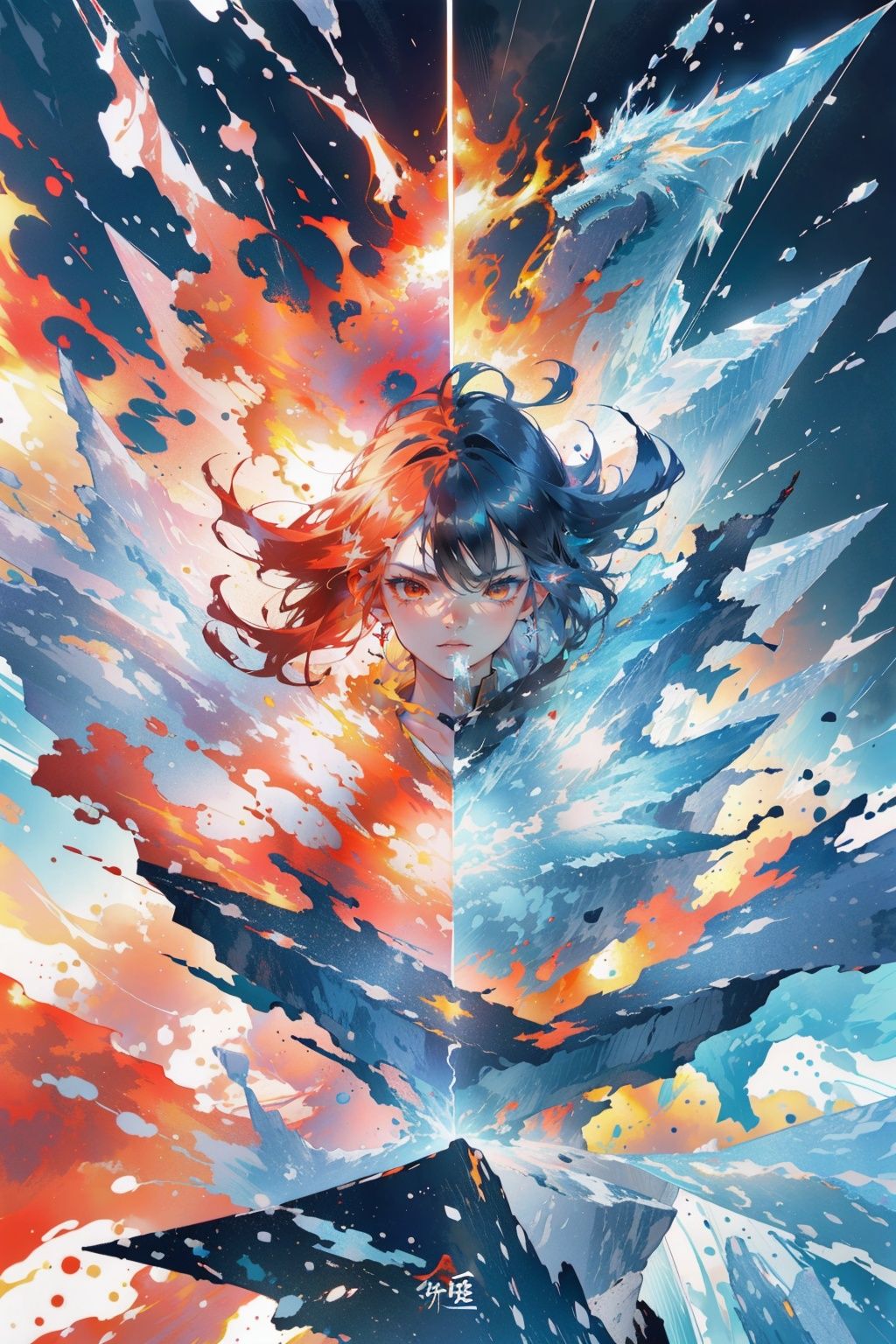 masterpiece,best quality,(photorealistic:1.4),(the collision of flames and ice:1.4),(ultra detailed:1.3),masterpiece,(流动的:1.4),(2girls:1.4),cat ears,(upper_body:1.4),unity 8k wallpaper,solo,(flames and ice burst in the air:1.3),snow,ice cube,(colorful:1.4),brilliant brilliance,ice explosion,raytracing,<lora:Light_and_Shadow:0.2>,(starry:1.2),cloud,star \(sky\),starry sky,the surging light,<lora:bingtyhuozhige_20230826123206-000010:0.9>,(looking at viewer:1.4),typing art,(ice dragon:1.3),(fire dragon (inazuma eleven):1.2),