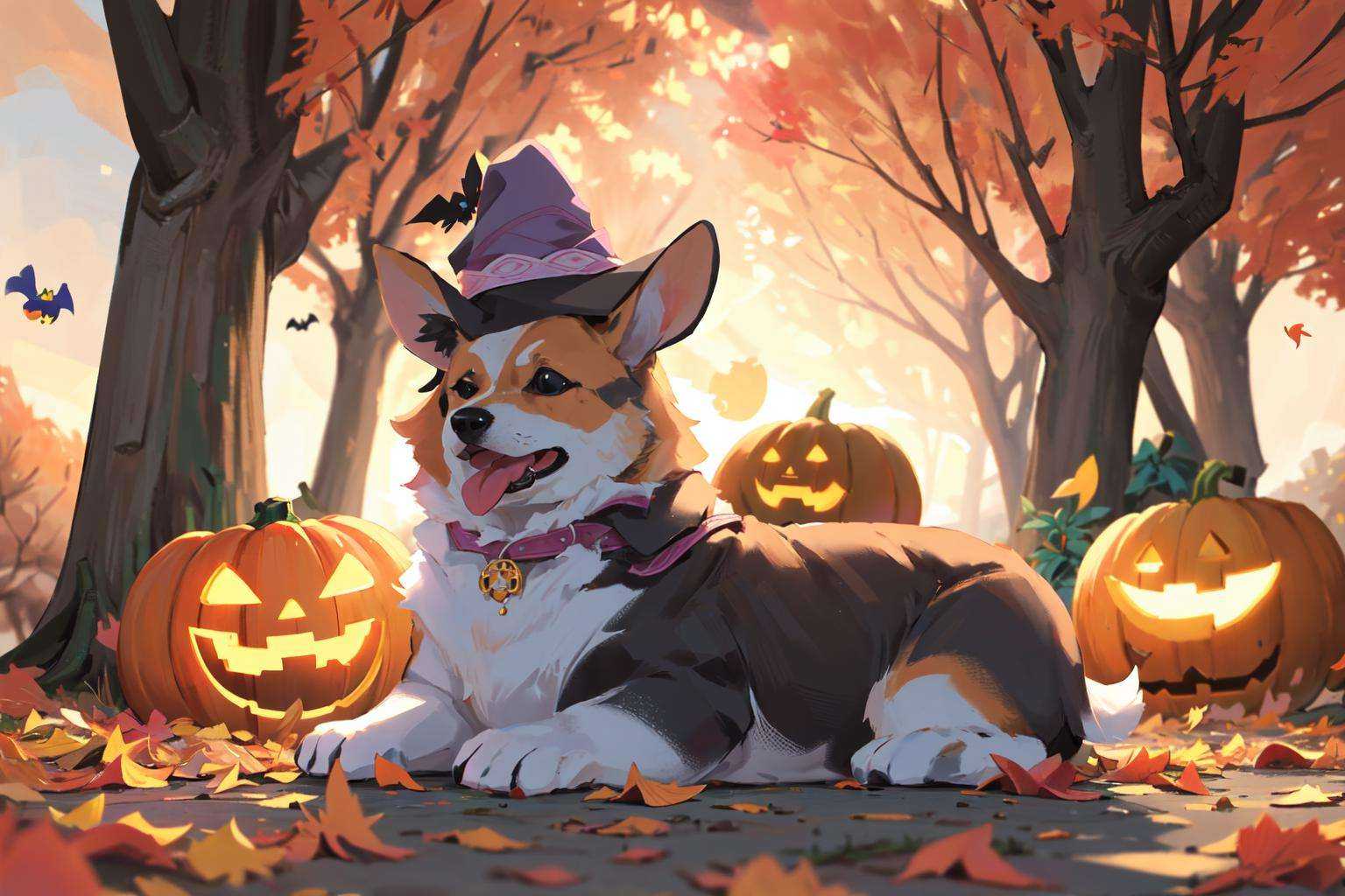 (masterpiece:1.2), best quality,PIXIV, corgi style by snatti,Elaina,1girl,white hair, autumn, hat, top hat, dog, animal focus, halloween, autumn leaves, tree, outdoors, tongue, bird, tongue out, pumpkin, jack-o'-lantern, animal, blurry<lora:corgi style by_20231101164707-000014:0.7>