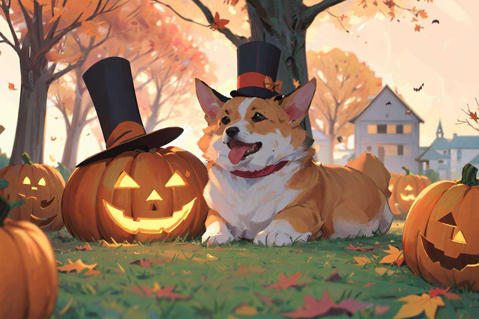 (masterpiece:1.2), best quality,PIXIV, corgi style by snatti,no humans, autumn, hat, top hat, dog, animal focus, halloween, autumn leaves, tree, outdoors, tongue, bird, tongue out, pumpkin, jack-o'-lantern, animal, blurry<lora:corgi style by_20231101164707-000014:0.7>