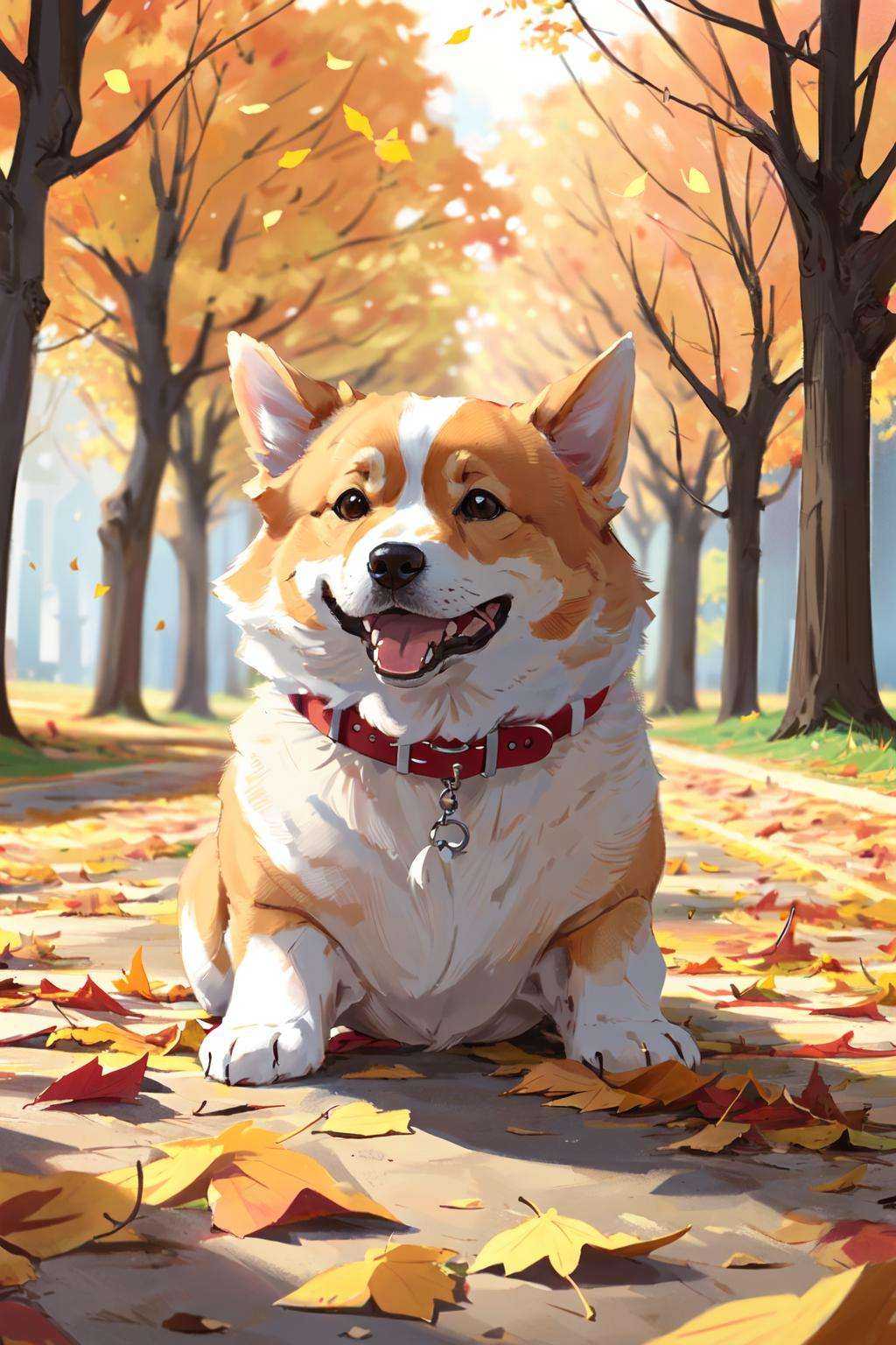 (masterpiece:1.2), best quality,PIXIV, corgi style by snatti,no humans, dog, autumn, blurry, leaf, autumn leaves, animal focus, animal, blurry background, shiba inu, outdoors, collar, depth of field<lora:corgi style by_20231101164707-000014:0.7>
