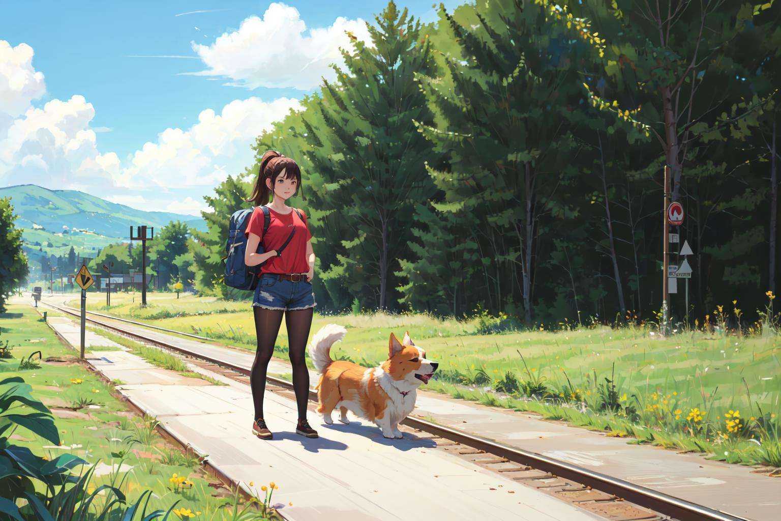 (masterpiece:1.2), best quality,PIXIV, corgi style by snatti,1girl, outdoors, shorts, dog, brown hair, tree, sign, shirt, ponytail, road sign, road, pantyhose, bag, day, red shirt, hands on hips, grass, scenery, denim, denim shorts, backpack, railroad tracks, animal, standing, shoes, belt, sunlight, nature, legwear under shorts<lora:corgi style by_20231101164707-000014:0.7>