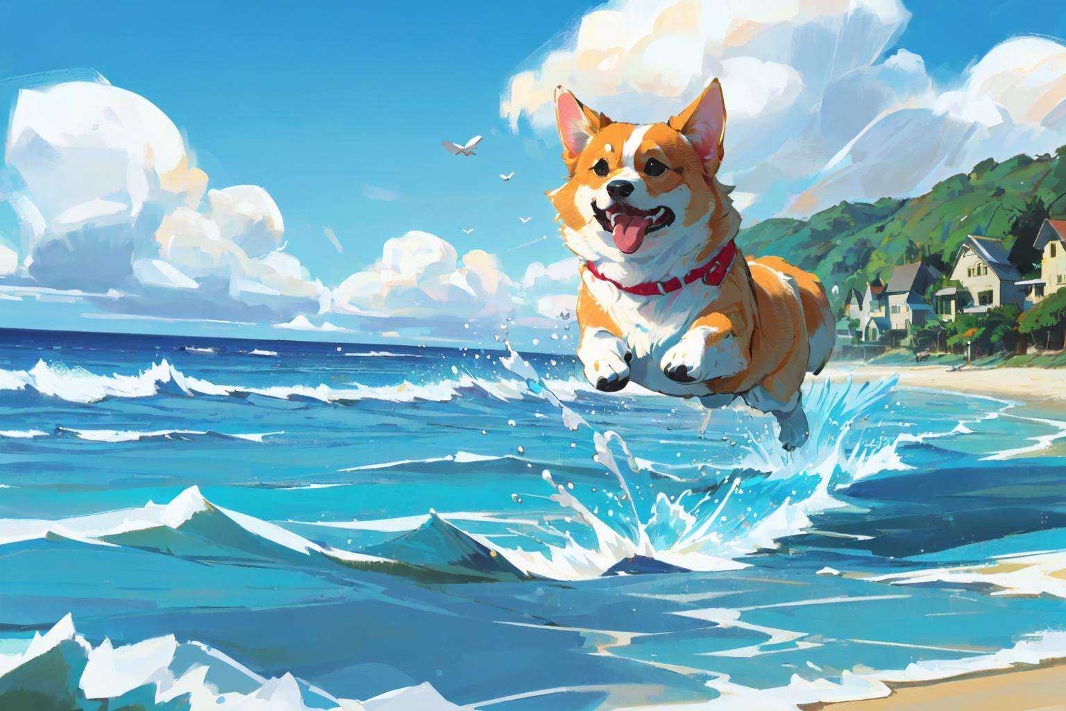 (masterpiece:1.2), best quality,PIXIV, corgi style by snatti,dog, no humans, tongue, outdoors, tongue out, running, beach, day, water, sky, blue sky, animal focus, sand, shiba inu, ocean, animal, open mouth, splashing<lora:corgi style by_20231101164707-000016:0.8>
