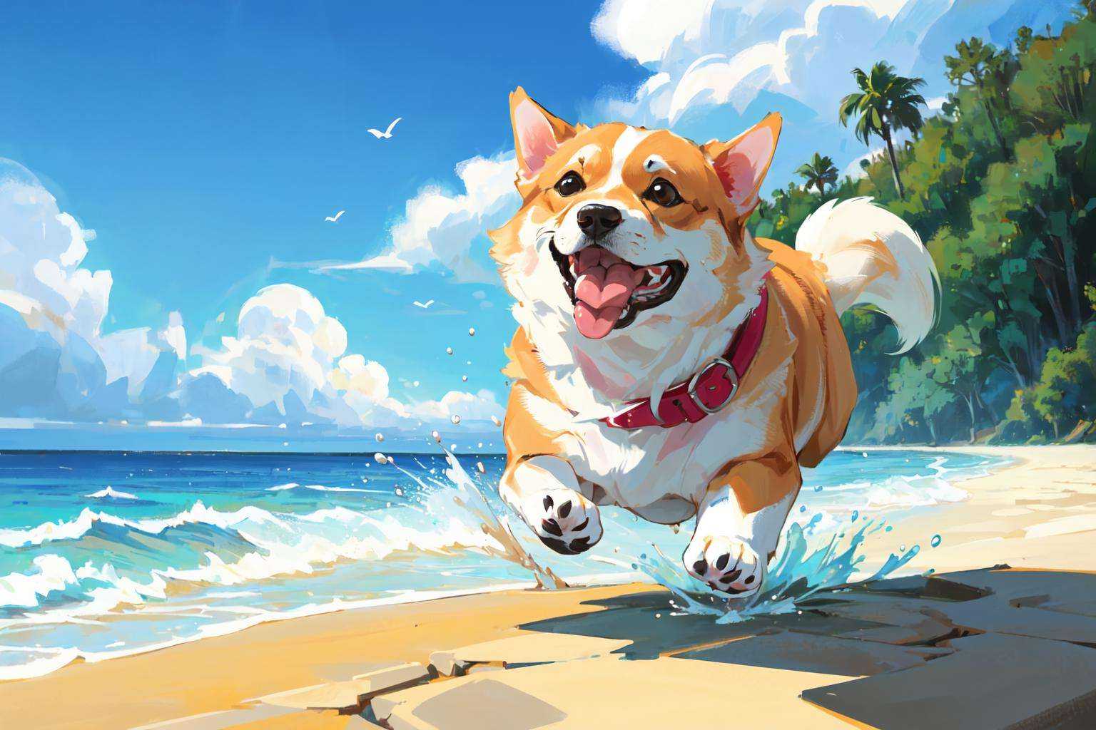 (masterpiece:1.2), best quality,PIXIV, corgi style by snatti,dog, no humans, tongue, outdoors, tongue out, running, beach, day, water, sky, blue sky, animal focus, sand, shiba inu, ocean, animal, open mouth, splashing<lora:corgi style by_20231101164707-000016:0.6>