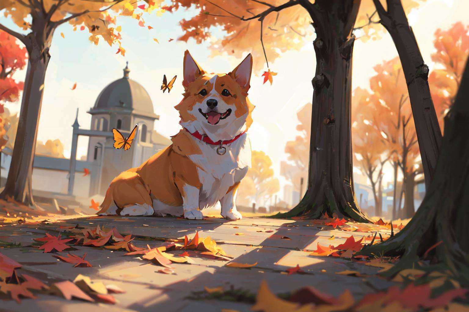 (masterpiece:1.2), best quality,PIXIV, corgi style by snatti,butterfly, bug, dog, outdoors, blurry, tree, sitting, animal, day, blurry background, leaf,  depth of field, autumn leaves<lora:corgi style by_20231101164707-000014:0.7>