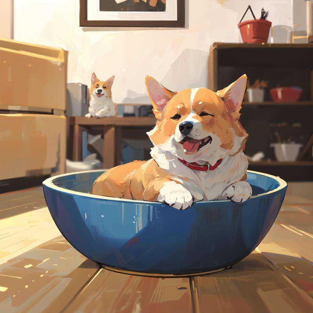 (masterpiece:1.2), best quality,PIXIV, corgi style by snatti,no humans, pet bowl, dog, bowl, animal focus, indoors, blurry, animal, lying, blurry background, sleeping, closed eyes<lora:corgi style by_20231101164707-000014:0.7>