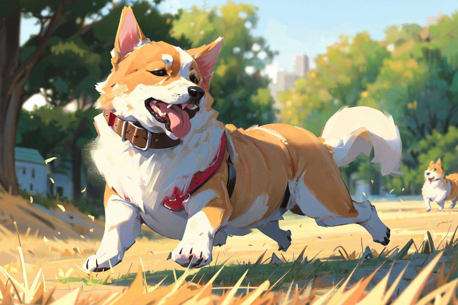 (masterpiece:1.2), best quality,PIXIV, corgi style by snatti,dog, no humans, tongue, outdoors, tongue out, grass, tree, ball, shiba inu, blurry, day, animal focus, running, collar<lora:corgi style by_20231101164707-000014:0.7>