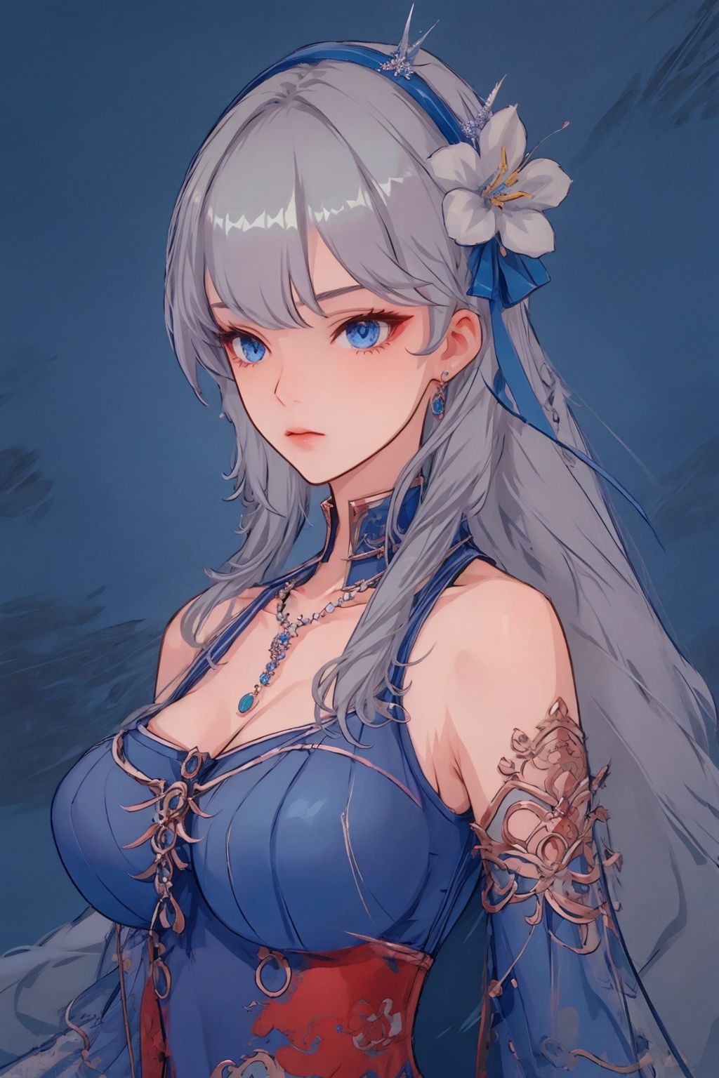 1girl, blue eyes, breasts, solo, long hair, grey hair, hair ornament, detached sleeves, flower, necklace, bangs,  jewelry, dress, hairband, medium breasts, bare shoulders, cleavage, feiounaXF,
(masterpiece:1.2), best quality, masterpiece, highres, original,ultra-detailed, illustration,extremely detailed wallpaper, perfect lighting,(extremely detailed CG:1.2), (alyss1*1.2), nanyinXF, zichun